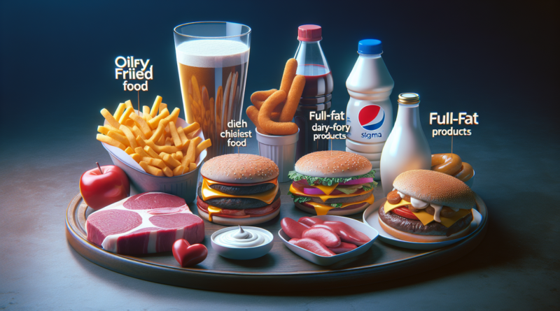 alt_text: Makanan tinggi kolesterol: gorengan, daging merah, produk susu penuh lemak, makanan cepat saji.