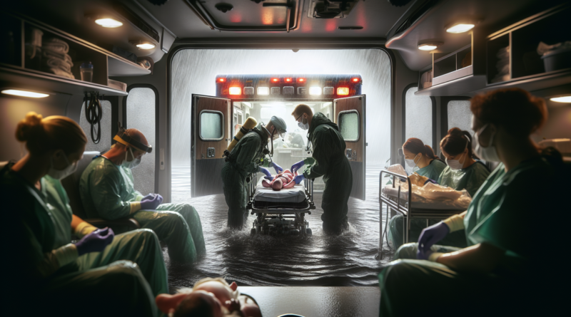 alt_text: Persalinan kembar darurat di ambulans saat banjir, tim medis sigap membantu di tengah kondisi sulit.