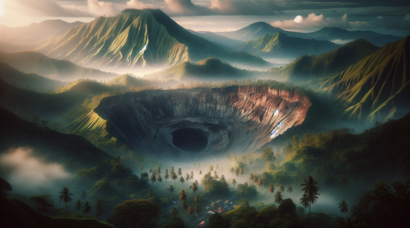 alt_text: Lubang raksasa terbentuk di tanah akibat hujan deras, menganga dengan kedalaman mencolok.