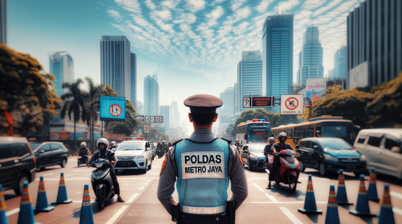 alt_text: Polisi menilang pengendara motor karena melawan arus di jalan Jakarta.