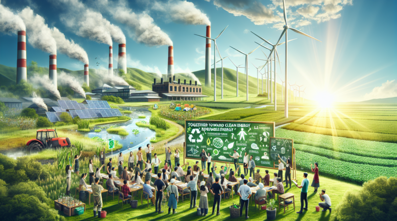 alt_text: Komunitas mengelola panel surya dan turbin angin untuk transisi energi bersih dan berkelanjutan.