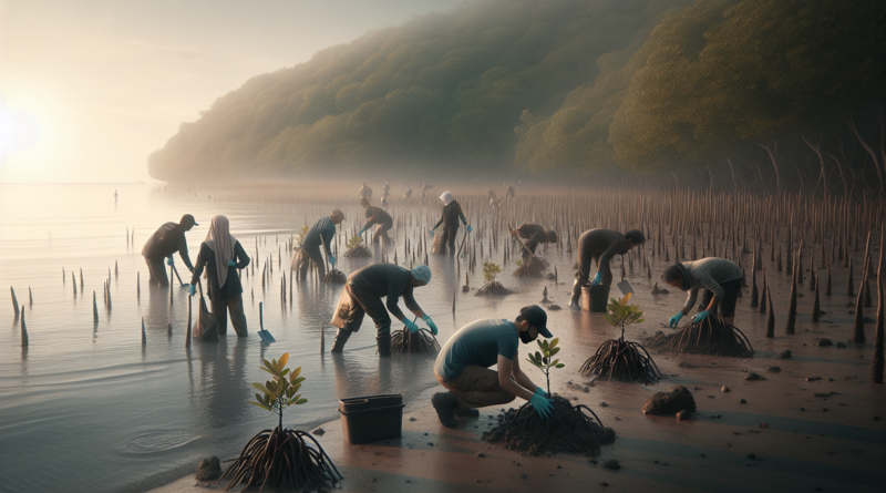 "alt_text": "Relawan bersih-bersih sampah pesisir di Muara Angke untuk peringati Hari Bumi."