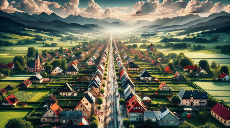 alt_text: Desa Suloszowa dengan satu jalan utama dikelilingi rumah berjejer rapi.