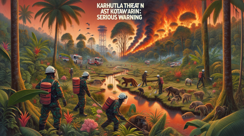 "alt_text": "Teluk Sampit dengan latar karhutla; desain grafis menyajikan informasi terkait isu ini."