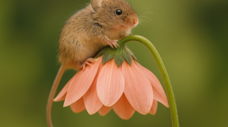 alt_text: Tikus Panen kecil memanjat kelopak bunga, menunjukkan kelincahannya.