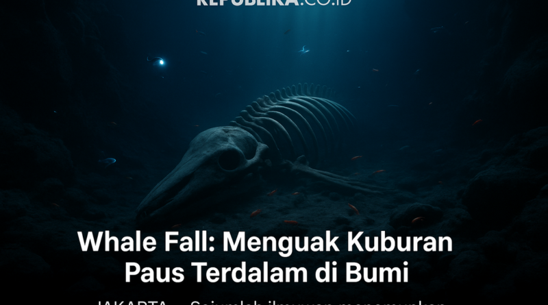 alt_text: Ilustrasi paus terbaring di dasar laut dalam, menjadi ekosistem bagi makhluk laut lainnya.