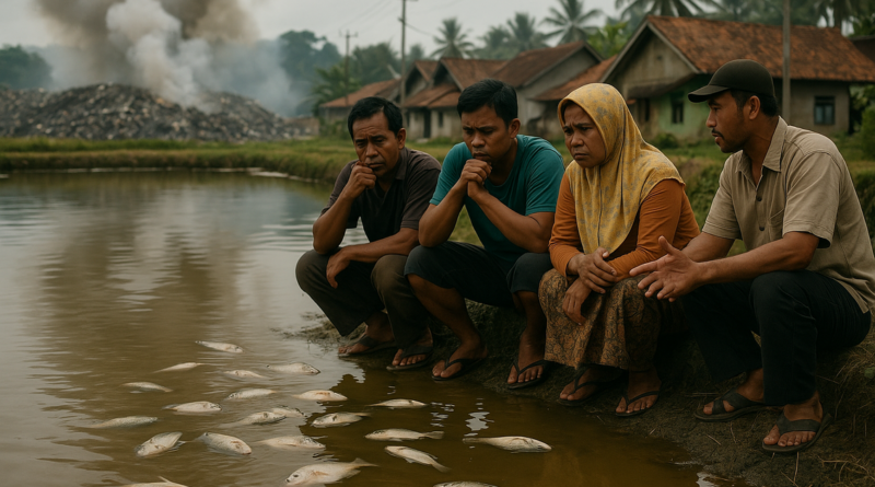 alt_text: Ikan mati di sungai tercemar limbah; pertimbangan ekonomi vs. kelestarian lingkungan.