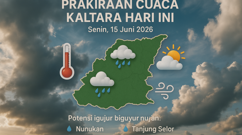 alt_text: Prakiraan cuaca Kalimantan Utara: cerah, hujan ringan di beberapa wilayah. Suhu rata-rata: 28°C.
