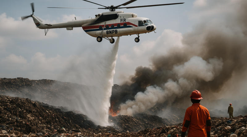 alt_text: Dua helikopter memadamkan kebakaran di TPA Jatiwaringin dengan menumpahkan air dari udara.