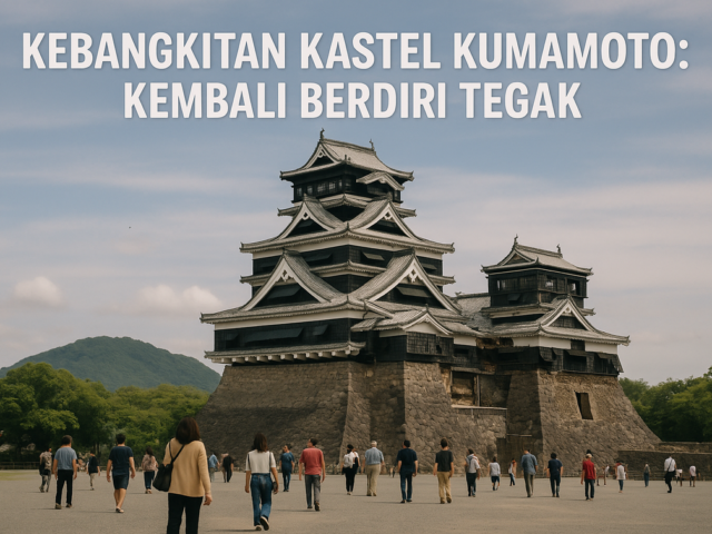 Kastil Kumamoto berdiri megah namun sunyi, terkena dampak gempa bumi.